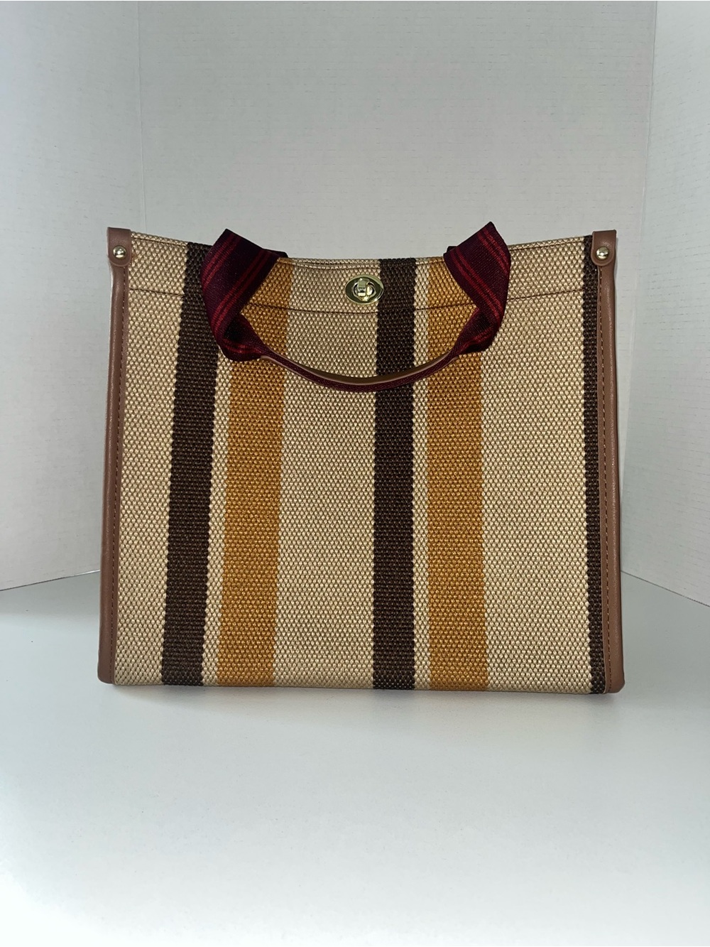 Woven Stripe Tote Bag in Tan, Brown & Mustard